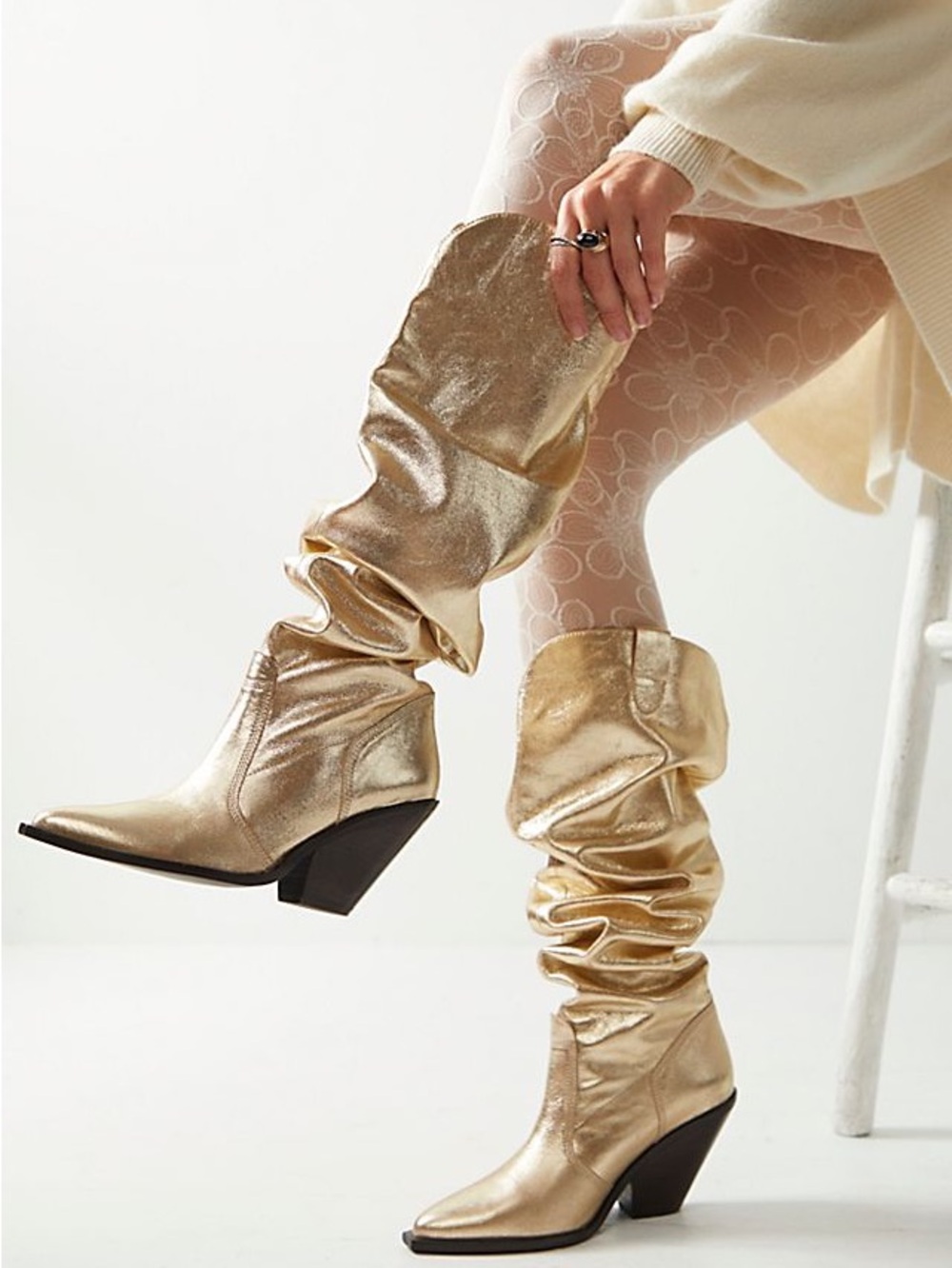 NIB FREE PEOPLE Triple Crown Over-The-Knee High Western Boots Slouchy Gold Glam
